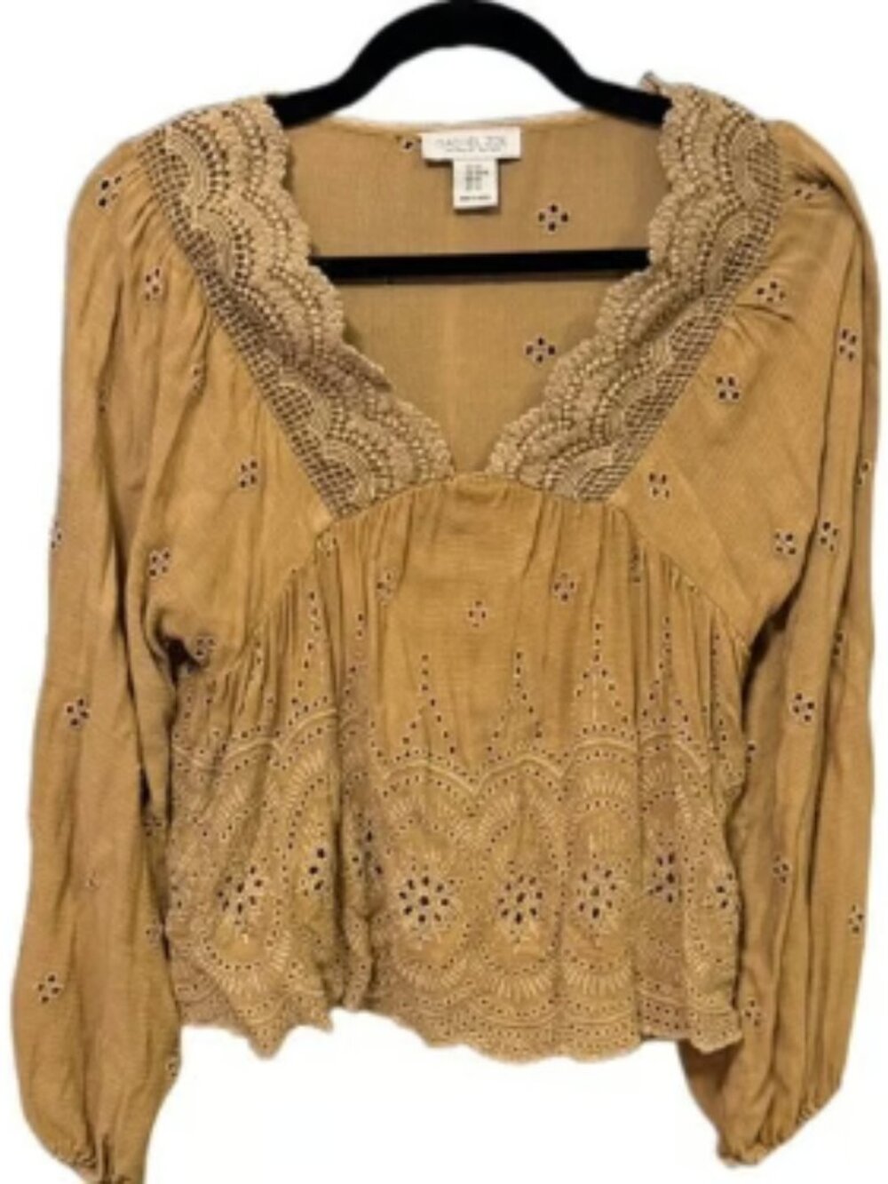 Rachel Zoe Mustard Eyelet Design Lightweight Summer Top Long Sleeve Top Comfy
